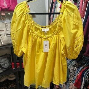 MNK Sunny Yellow Crochet-Trim Peasant Blouse